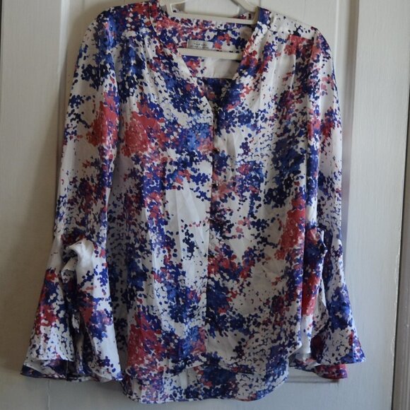 Tahari ASL Geometric Watercolor Print Long Bell Sleeve Button Down Blouse Small - Picture 1 of 7